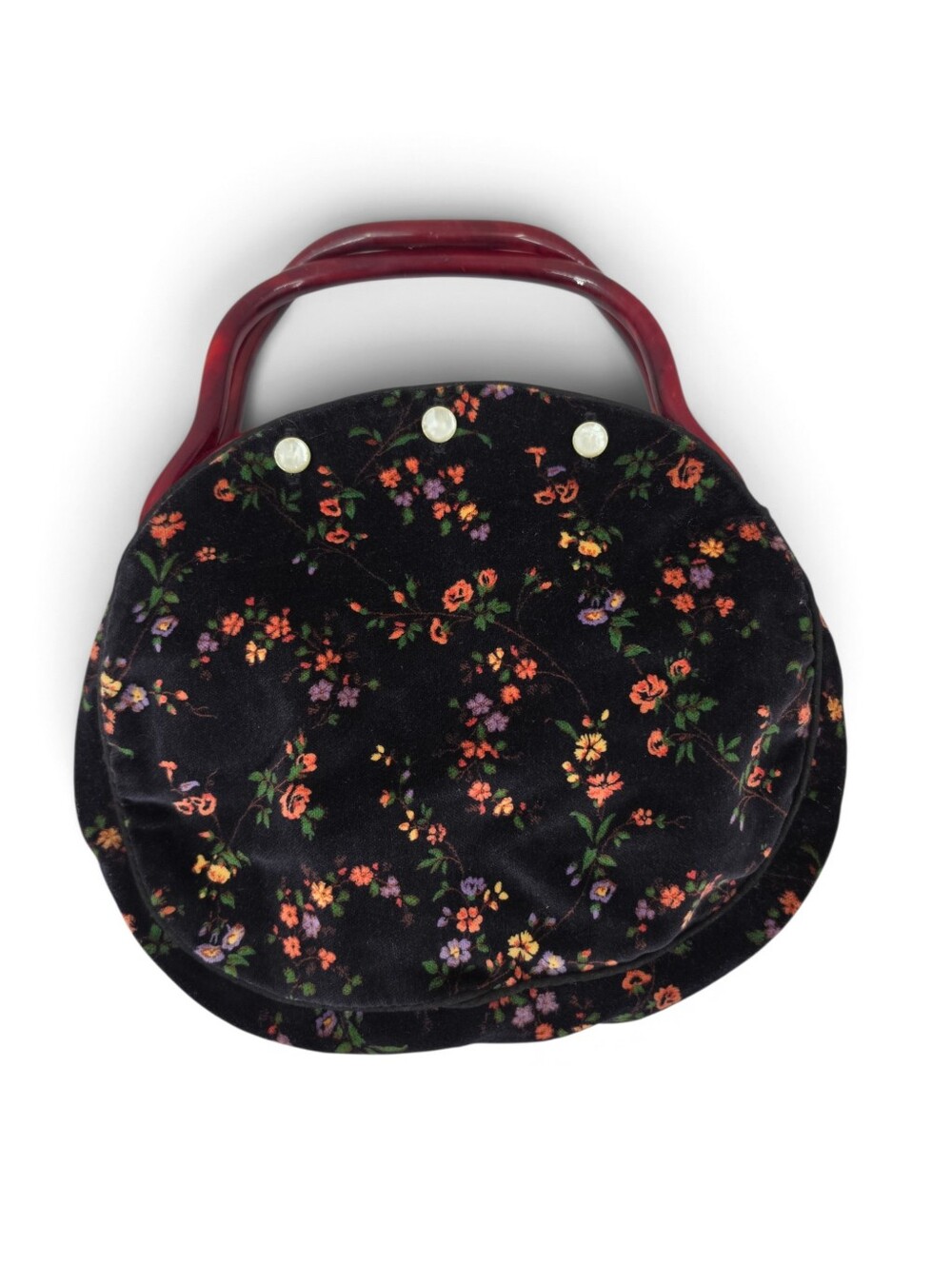 Vintage Hinged Frame Lucite Handle Purse Evening Bag Black Velvet Ditsy Floral